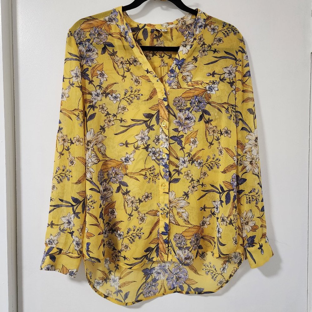 Long Sleeve Floral Yellow Button Down Top w/ Purple White Brown Details